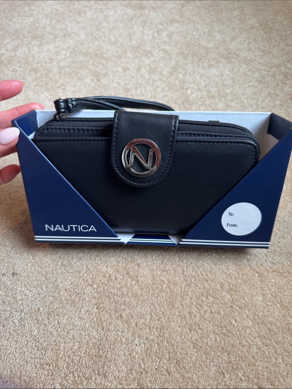 Nautica Black Leather Wristlet with Silver Logo